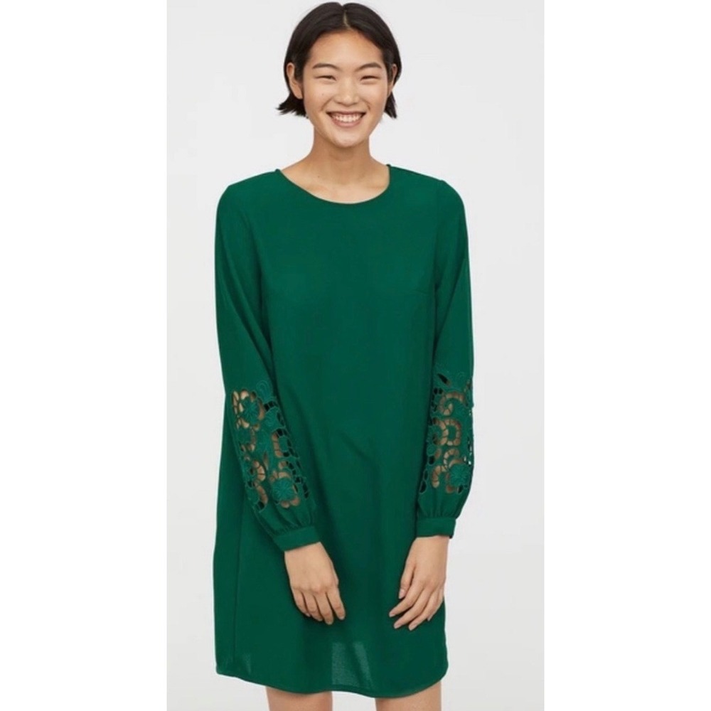 H&M Emerald Green Shift Dress Long Sleeve Floral Eyelet Lace Cut Out Mini Dress - Picture 1 of 3